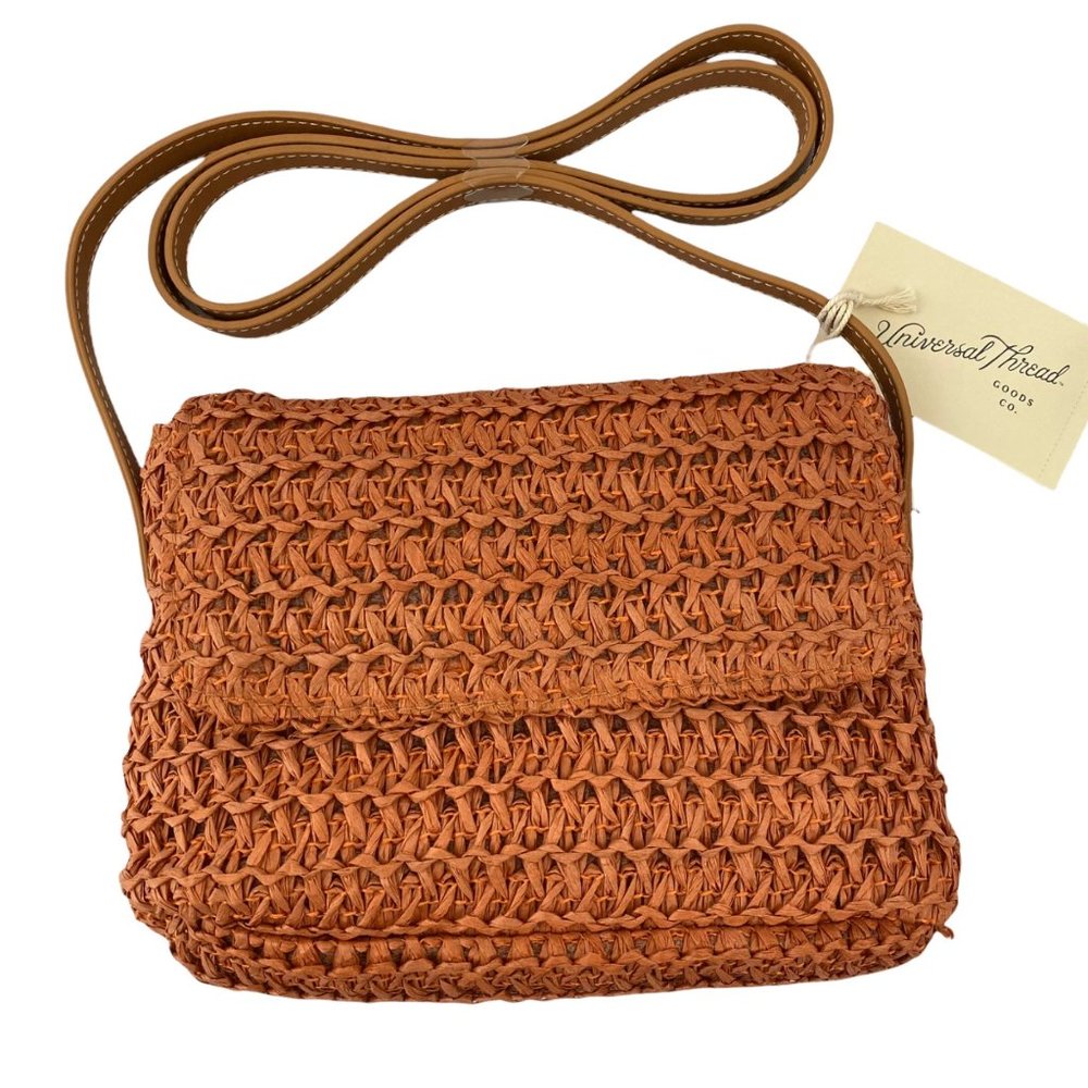 Universal Thread Orange & Tan Straw Flap Magnetic Closure Crossbody Bag - Picture 2 of 6